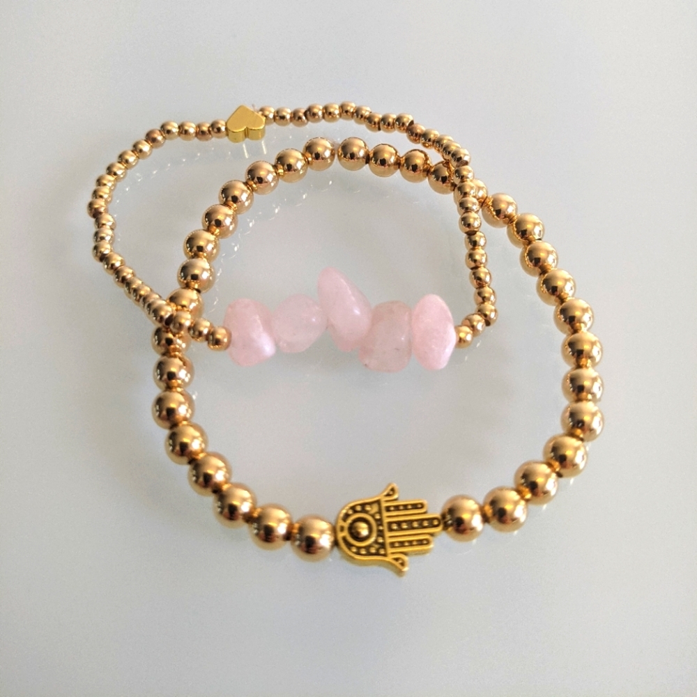 2 Bracelets natural rose stones , gold plated beads and Hasma stackable